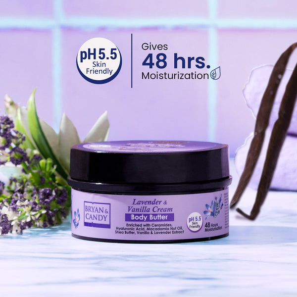 Lavender & Vanilla Cream Body Butter pH 5.5 Light Weight Moisturizer for Women & Men (100gm) Bryan & Candy