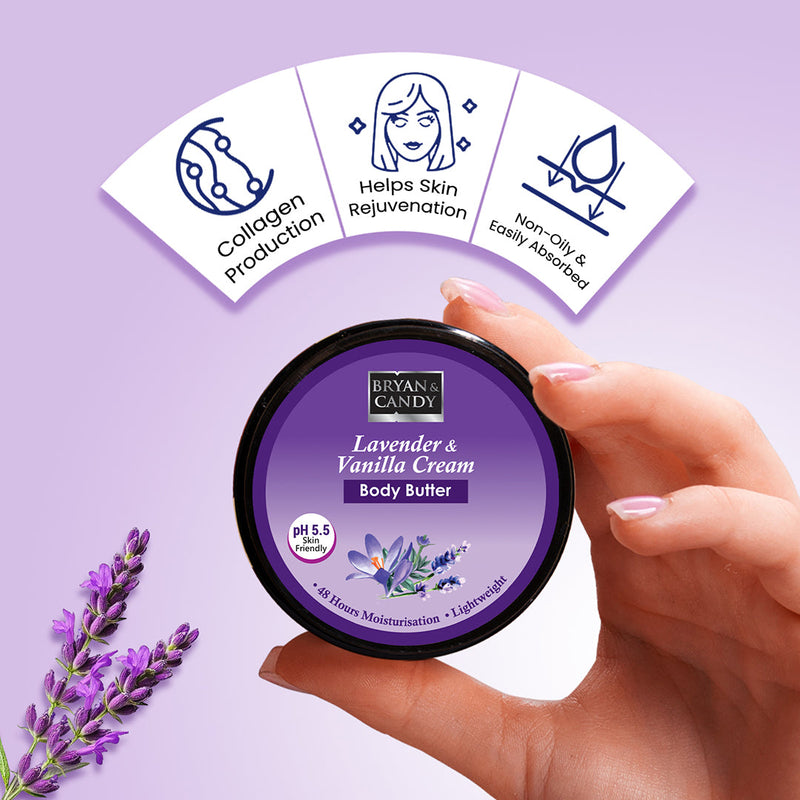 Lavender & Vanilla Cream Body Butter pH 5.5 Light Weight Moisturizer for Women & Men (100gm) Bryan & Candy
