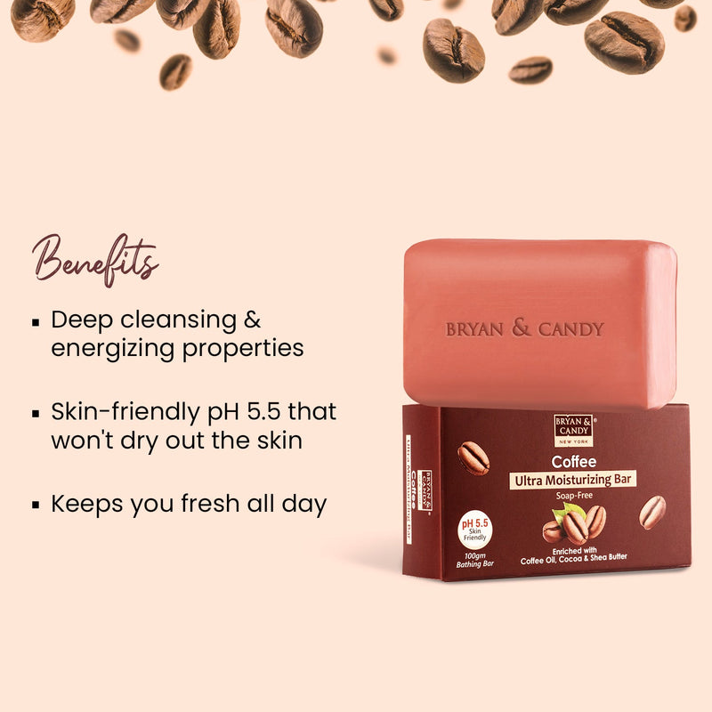 Coffee Ultra Moisturizing Bathing Bar Enriched with Coffee Oil, Cocoa shea Butter , Skin Friendly pH 5.5 (100 gm) Bryan & Candy