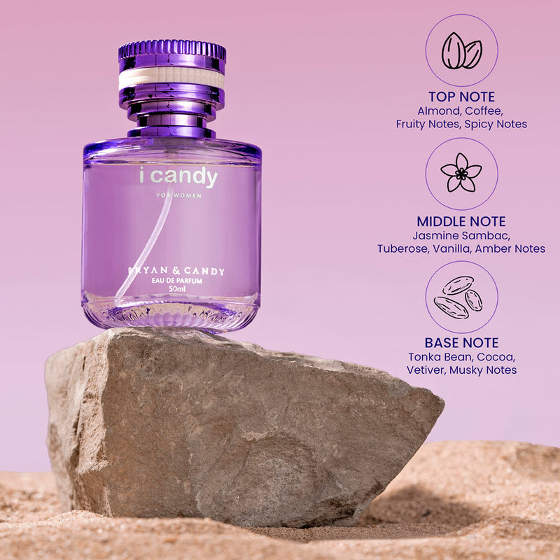 Icandy Perfume (EDP) for Women - 50ml : Long-Lasting, Lingering & Enchanting Women's Fragrance with an Oriental Charm, Mesmerizing notes of  Almonds and Coffee Bryan & Candy